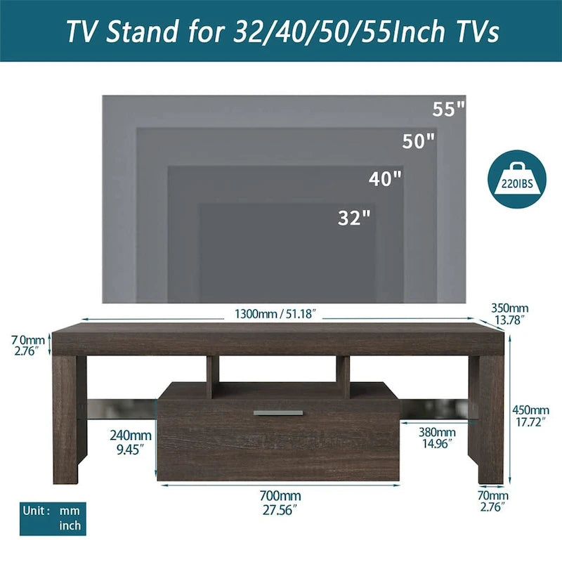 Meuble TV LED moderne de 51 pouces avec placard, assemblage rapide en 20 minutes