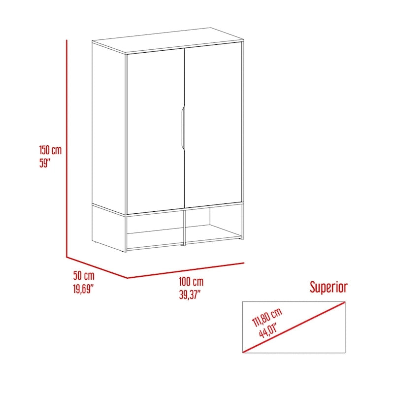 Armoire à deux portes, étagères ouvertes, cinq étagères dissimulées et tringle de suspension - N/A