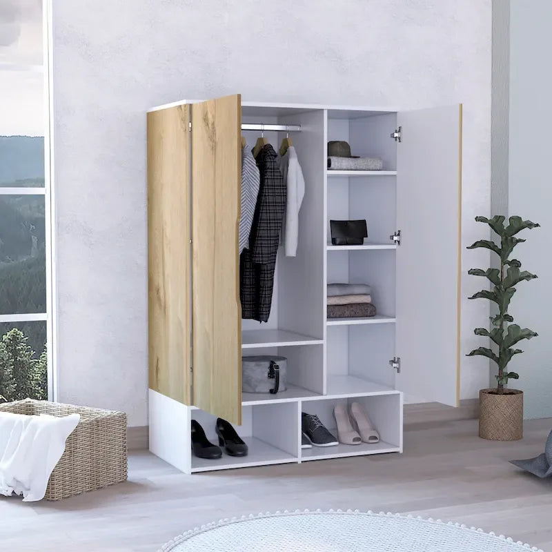 Armoire à deux portes, étagères ouvertes, cinq étagères dissimulées et tringle de suspension - N/A