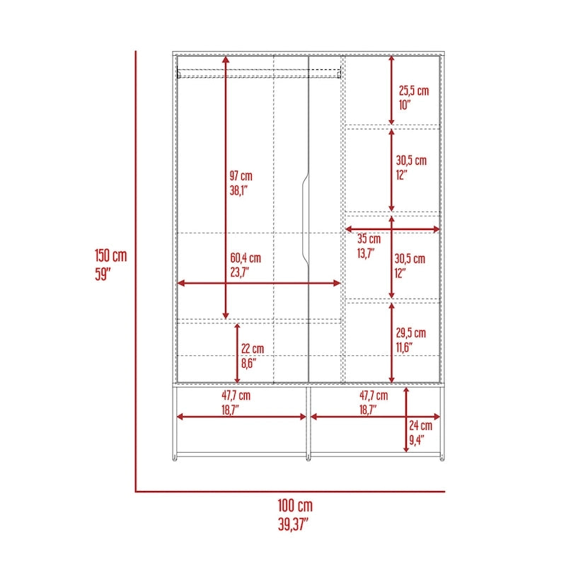 Armoire à deux portes, étagères ouvertes, cinq étagères dissimulées et tringle de suspension - N/A
