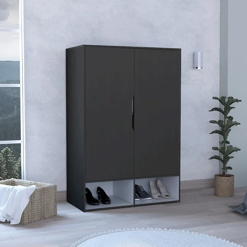 Armoire à deux portes, étagères ouvertes, cinq étagères dissimulées et tringle de suspension - N/A