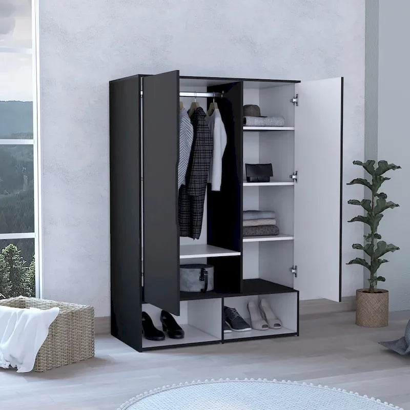 Armoire à deux portes, étagères ouvertes, cinq étagères dissimulées et tringle de suspension - N/A