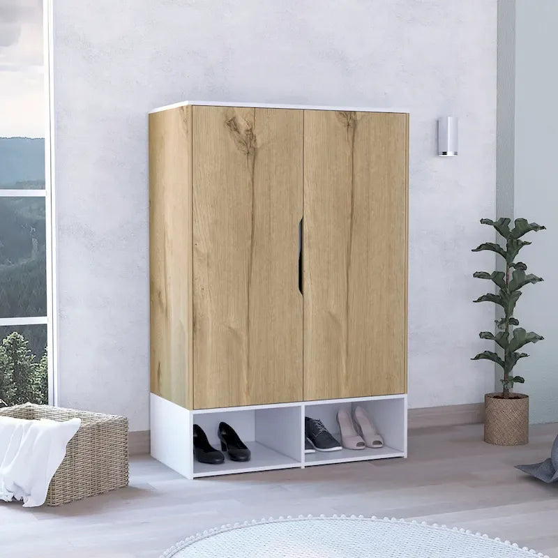 Armoire à deux portes, étagères ouvertes, cinq étagères dissimulées et tringle de suspension - N/A
