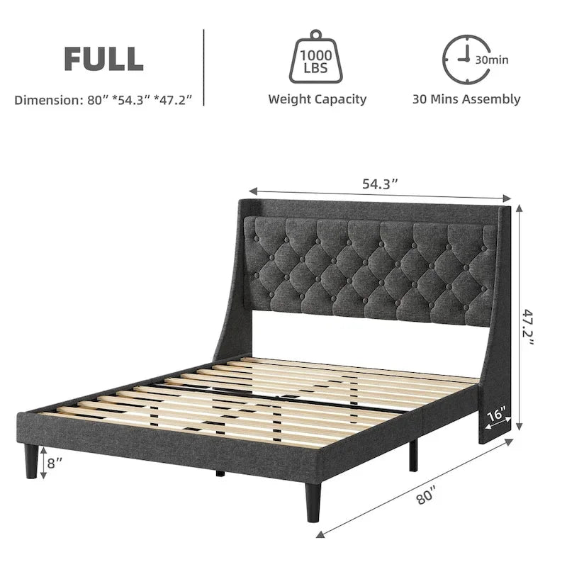 Upholstered Bed Frame with Wingback Headboard
