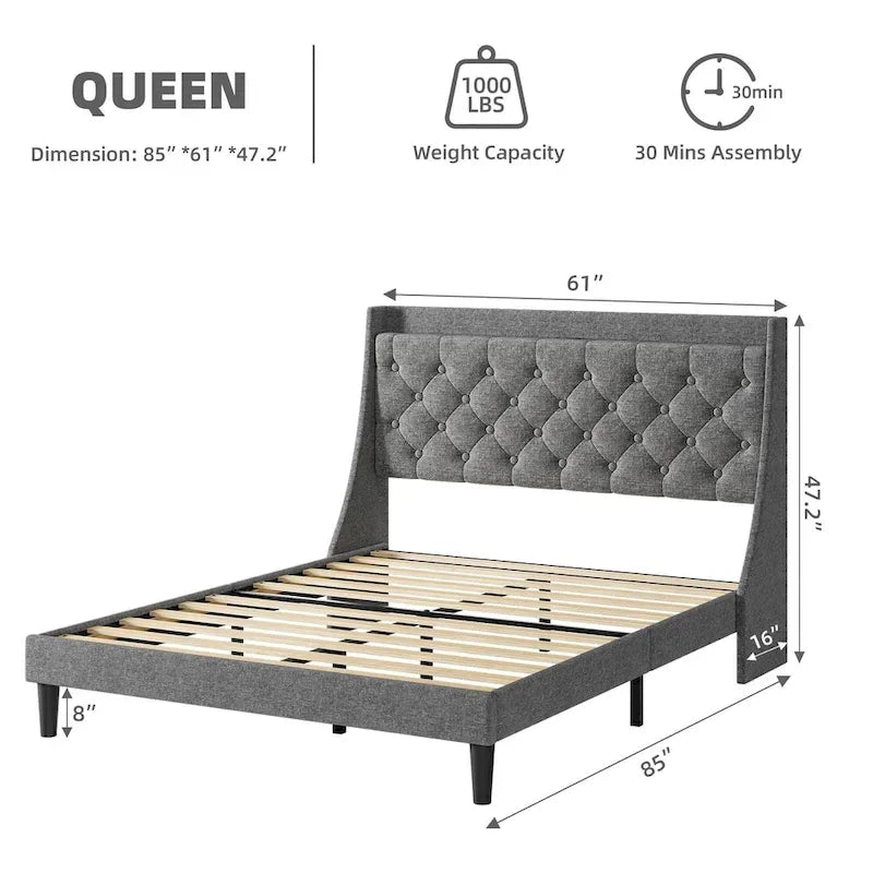 Upholstered Bed Frame with Wingback Headboard