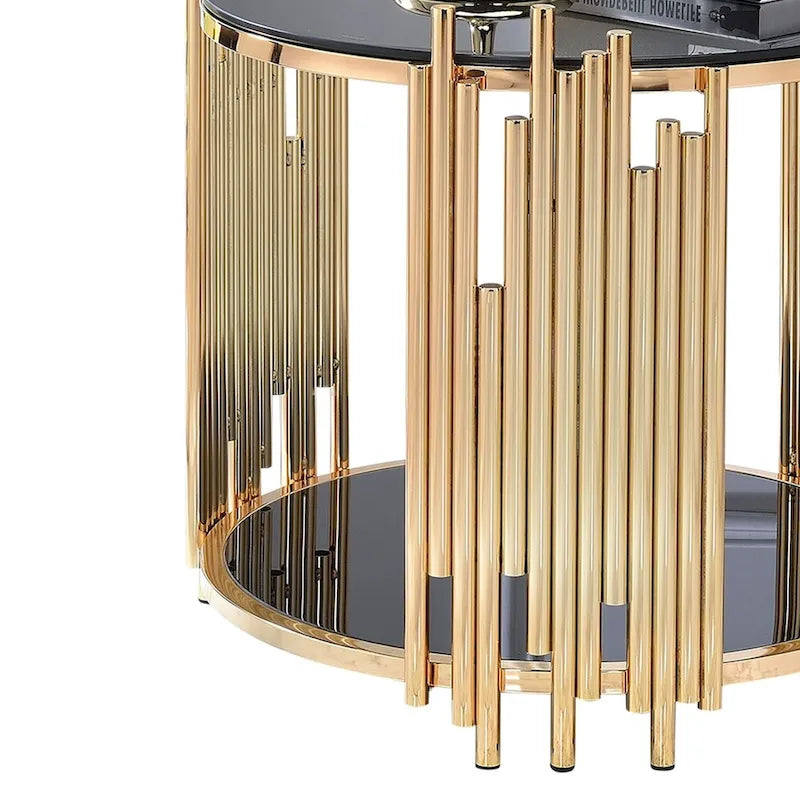 Modern Metal and Glass End Table with Tubing Design, Black and Gold