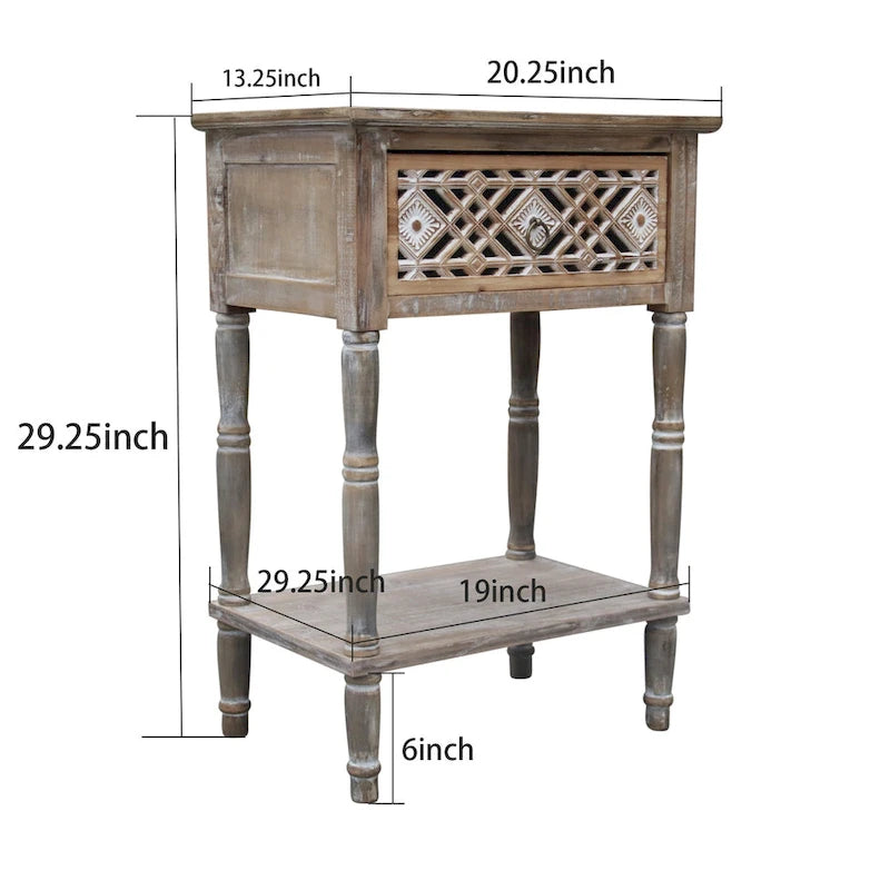 Table de chevet rustique avec tiroir sculpté et étagère ouverte, Table d'appoint vieillie