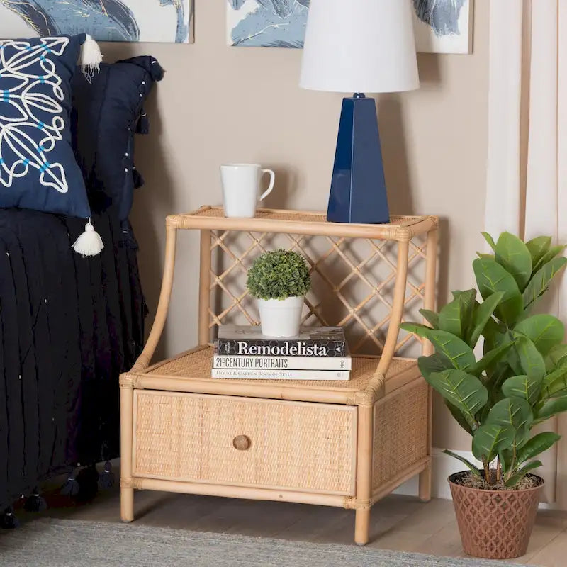 Modern Bohemian Natural Brown Rattan 1-Drawer Nightstand