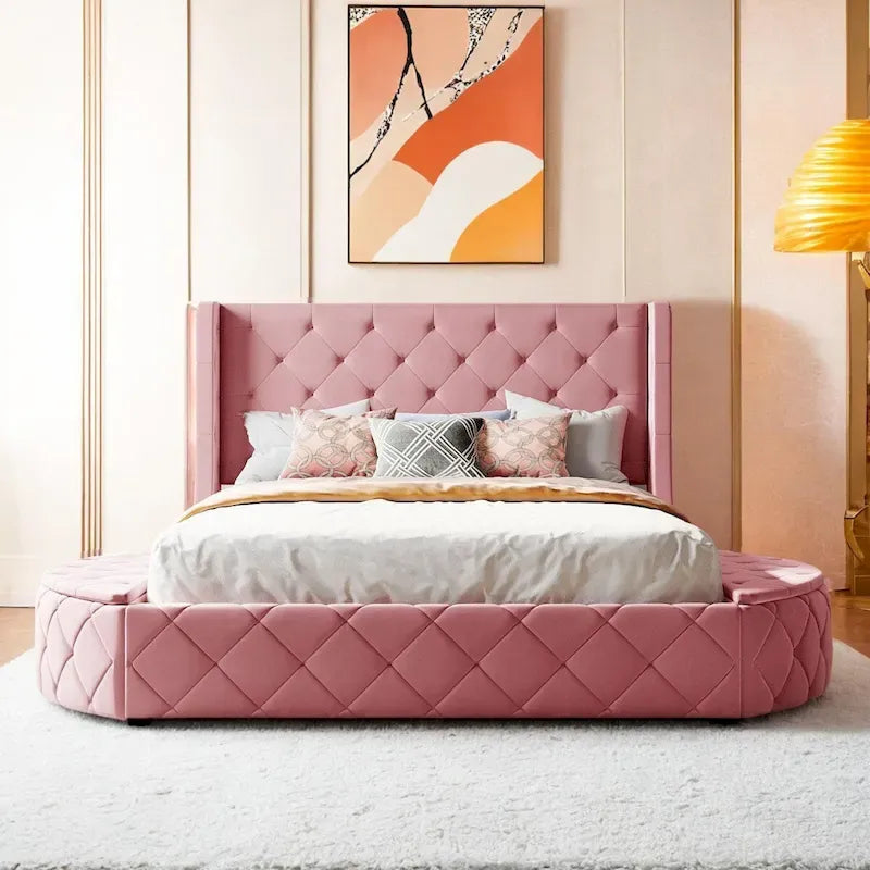 Lit plateforme rembourré grand lit avec rangement en velours avec tête de lit à oreilles et 1 grand tiroir, 2 tabourets de rangement latéraux