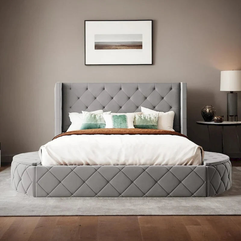 Upholstered Platform Bed Queen Size Storage Velvet Bed with Wingback Headboard and 1 Big Drawer,2 Side Storage Stool