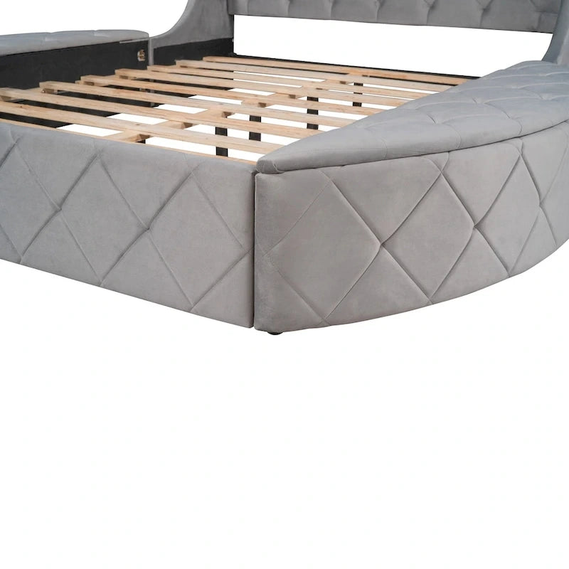 Lit plateforme rembourré grand lit avec rangement en velours avec tête de lit à oreilles et 1 grand tiroir, 2 tabourets de rangement latéraux