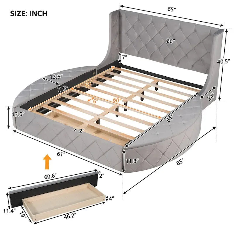 Lit plateforme rembourré grand lit avec rangement en velours avec tête de lit à oreilles et 1 grand tiroir, 2 tabourets de rangement latéraux