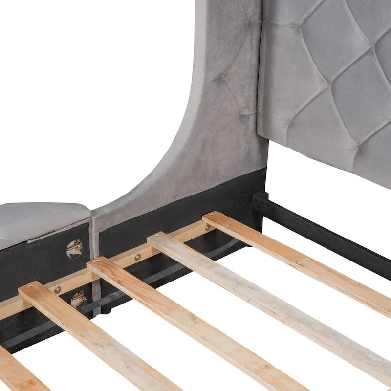 Lit plateforme rembourré grand lit avec rangement en velours avec tête de lit à oreilles et 1 grand tiroir, 2 tabourets de rangement latéraux