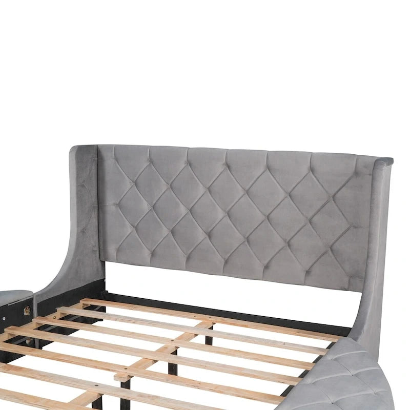 Lit plateforme rembourré grand lit avec rangement en velours avec tête de lit à oreilles et 1 grand tiroir, 2 tabourets de rangement latéraux