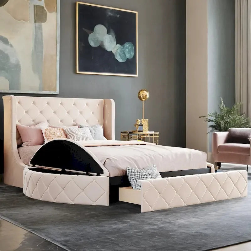 Lit plateforme rembourré grand lit avec rangement en velours avec tête de lit à oreilles et 1 grand tiroir, 2 tabourets de rangement latéraux