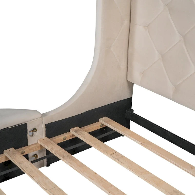 Lit plateforme rembourré grand lit avec rangement en velours avec tête de lit à oreilles et 1 grand tiroir, 2 tabourets de rangement latéraux
