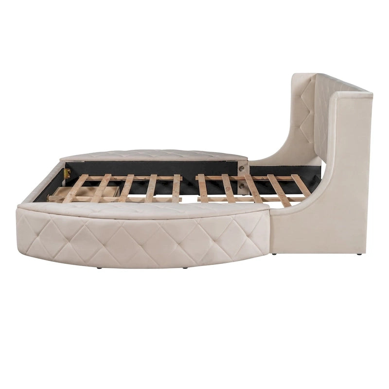 Lit plateforme rembourré grand lit avec rangement en velours avec tête de lit à oreilles et 1 grand tiroir, 2 tabourets de rangement latéraux