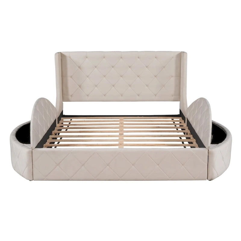 Lit plateforme rembourré grand lit avec rangement en velours avec tête de lit à oreilles et 1 grand tiroir, 2 tabourets de rangement latéraux