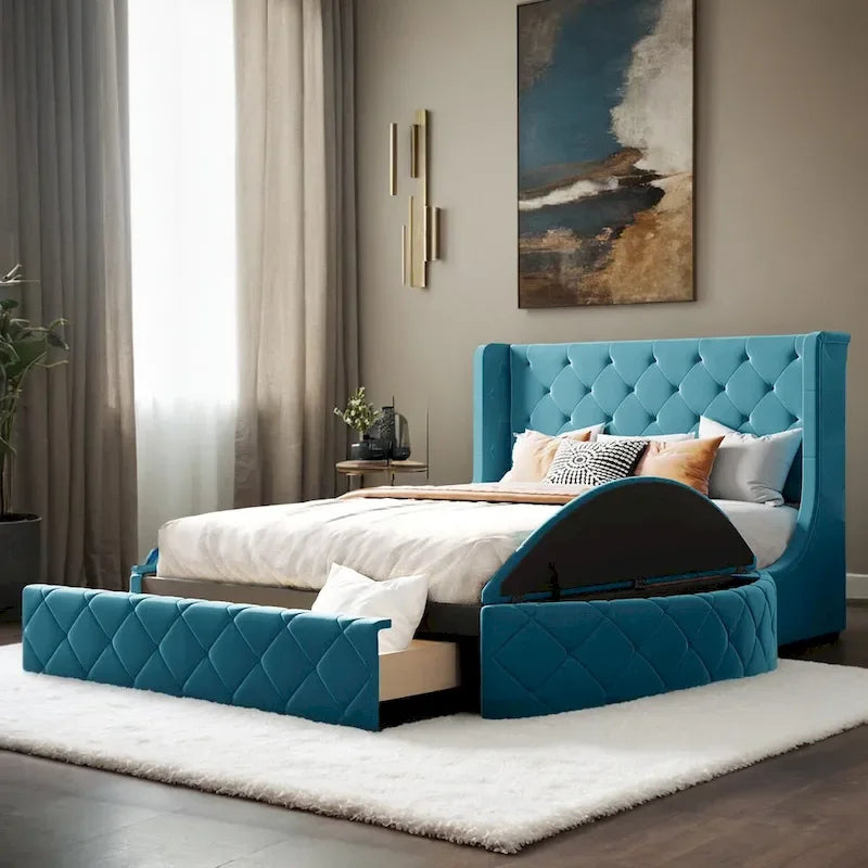 Lit plateforme rembourré grand lit avec rangement en velours avec tête de lit à oreilles et 1 grand tiroir, 2 tabourets de rangement latéraux