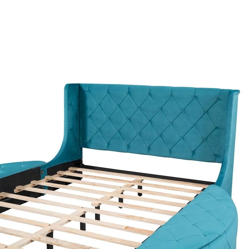 Lit plateforme rembourré grand lit avec rangement en velours avec tête de lit à oreilles et 1 grand tiroir, 2 tabourets de rangement latéraux