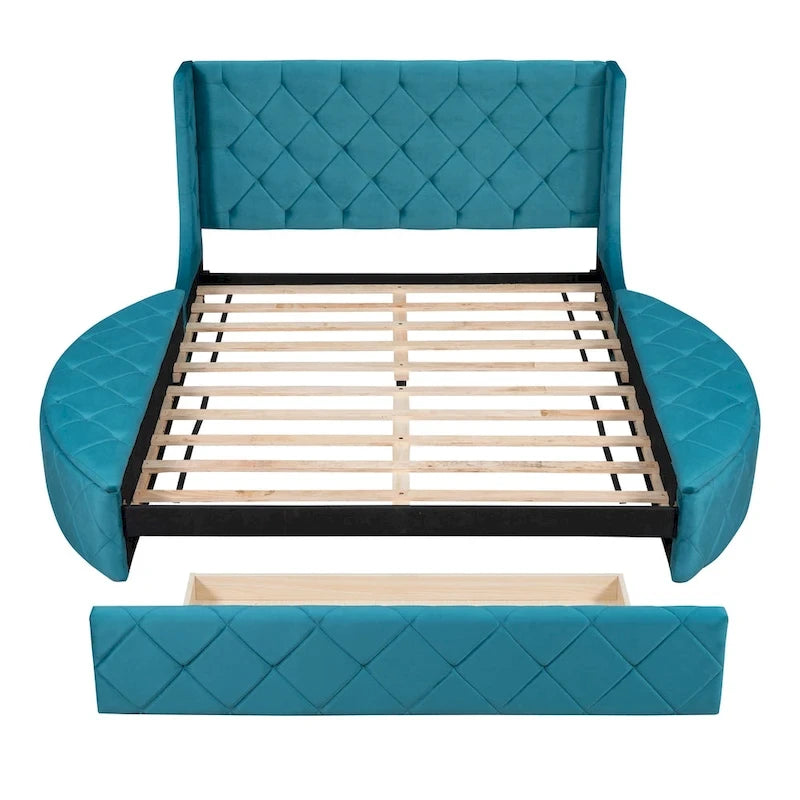 Lit plateforme rembourré grand lit avec rangement en velours avec tête de lit à oreilles et 1 grand tiroir, 2 tabourets de rangement latéraux