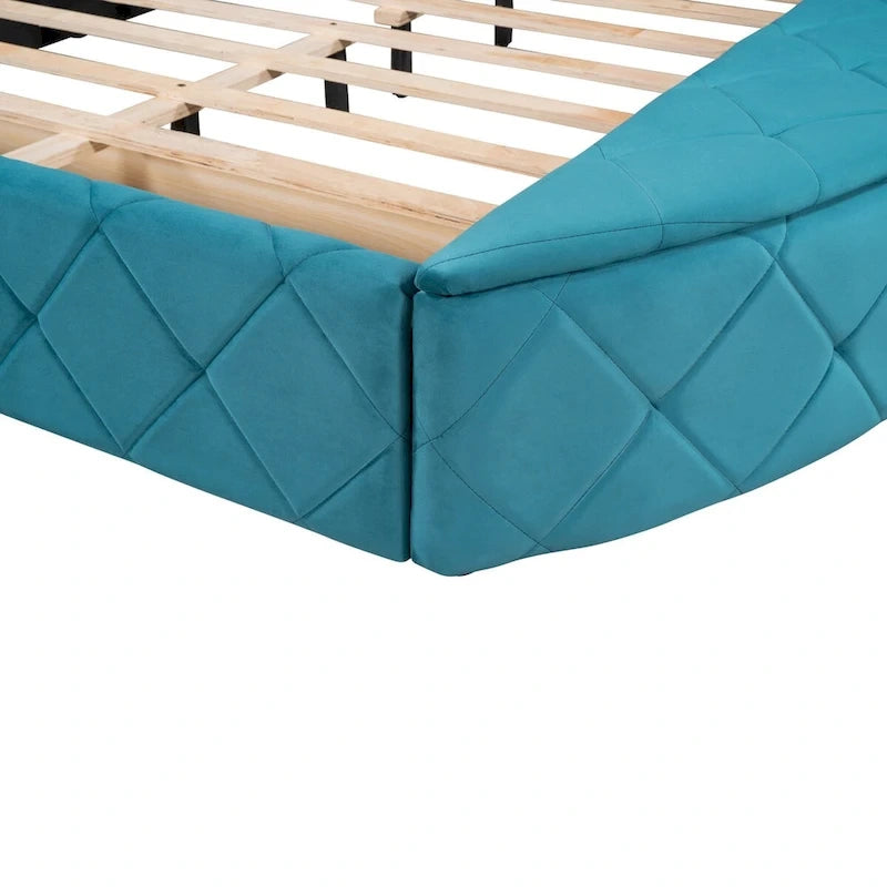 Lit plateforme rembourré grand lit avec rangement en velours avec tête de lit à oreilles et 1 grand tiroir, 2 tabourets de rangement latéraux