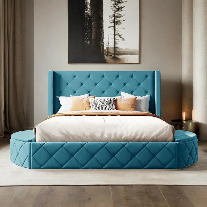 Lit plateforme rembourré grand lit avec rangement en velours avec tête de lit à oreilles et 1 grand tiroir, 2 tabourets de rangement latéraux