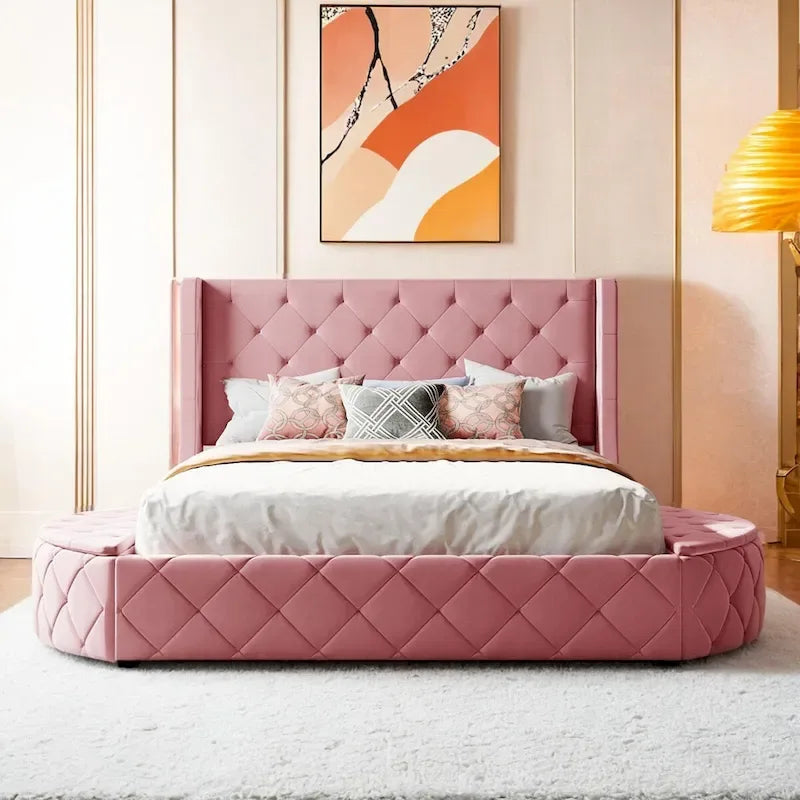 Lit plateforme rembourré grand lit avec rangement en velours avec tête de lit à oreilles et 1 grand tiroir, 2 tabourets de rangement latéraux