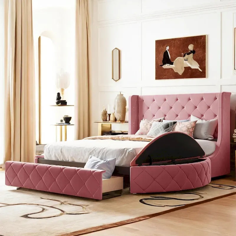 Lit plateforme rembourré grand lit avec rangement en velours avec tête de lit à oreilles et 1 grand tiroir, 2 tabourets de rangement latéraux