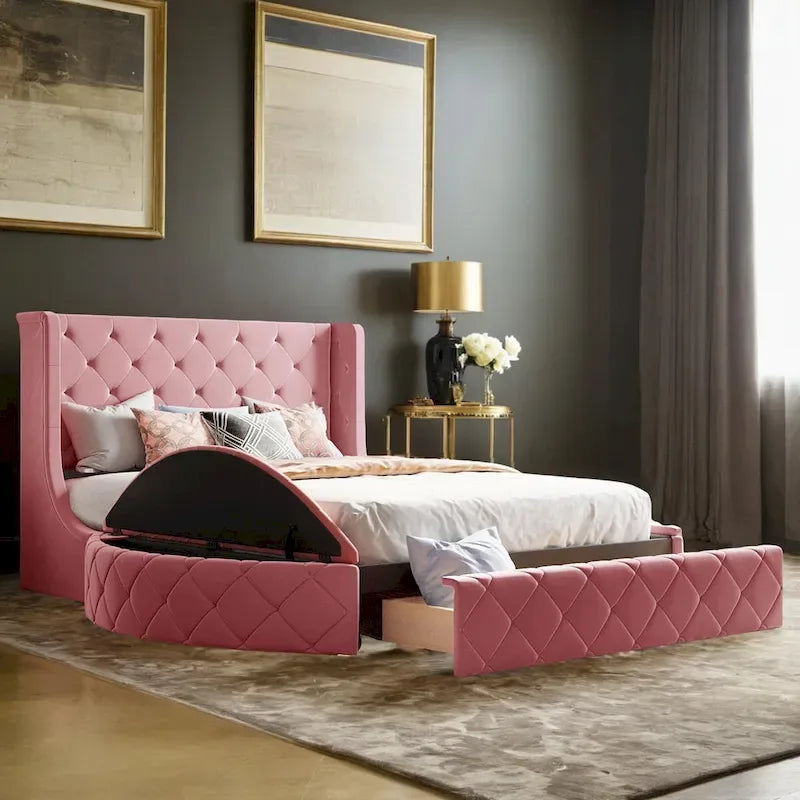 Lit plateforme rembourré grand lit avec rangement en velours avec tête de lit à oreilles et 1 grand tiroir, 2 tabourets de rangement latéraux