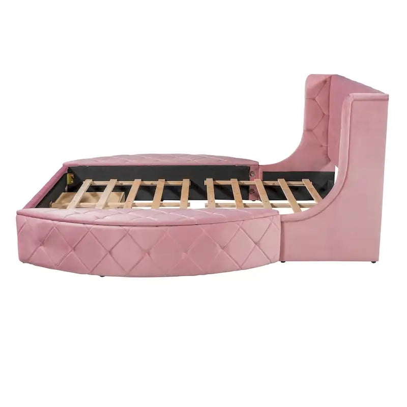 Lit plateforme rembourré grand lit avec rangement en velours avec tête de lit à oreilles et 1 grand tiroir, 2 tabourets de rangement latéraux