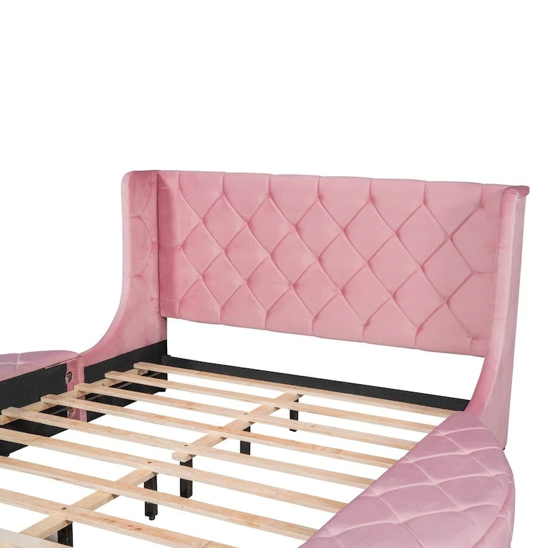 Lit plateforme rembourré grand lit avec rangement en velours avec tête de lit à oreilles et 1 grand tiroir, 2 tabourets de rangement latéraux