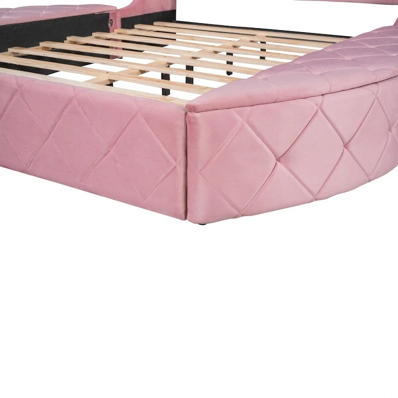 Lit plateforme rembourré grand lit avec rangement en velours avec tête de lit à oreilles et 1 grand tiroir, 2 tabourets de rangement latéraux