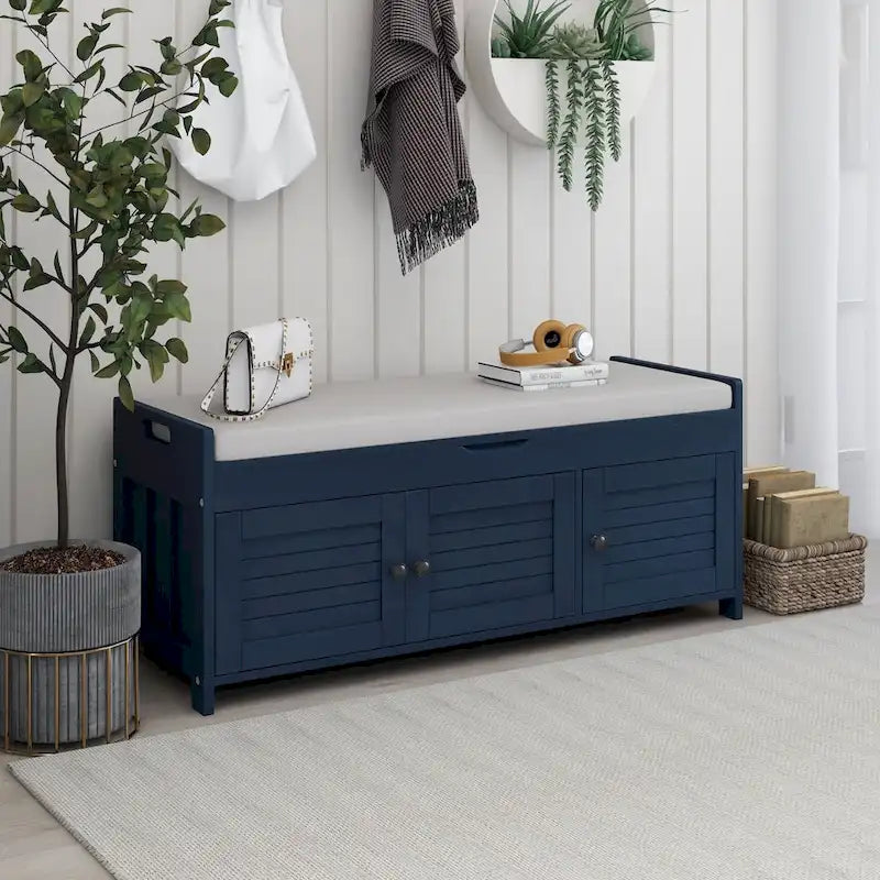 Storage Bench with 3 Shutter-shaped Doors, Shoe Bench with Removable Cushion and Hidden Storage Space