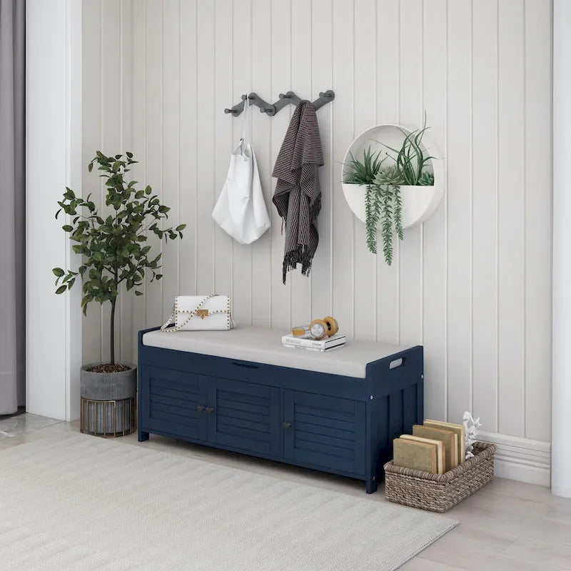 Storage Bench with 3 Shutter-shaped Doors, Shoe Bench with Removable Cushion and Hidden Storage Space
