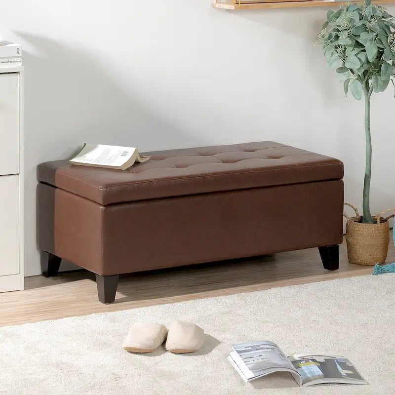 Pouf de rangement avec pieds en bois, Pouf en cuir avec rangement pour salon, chambre à coucher