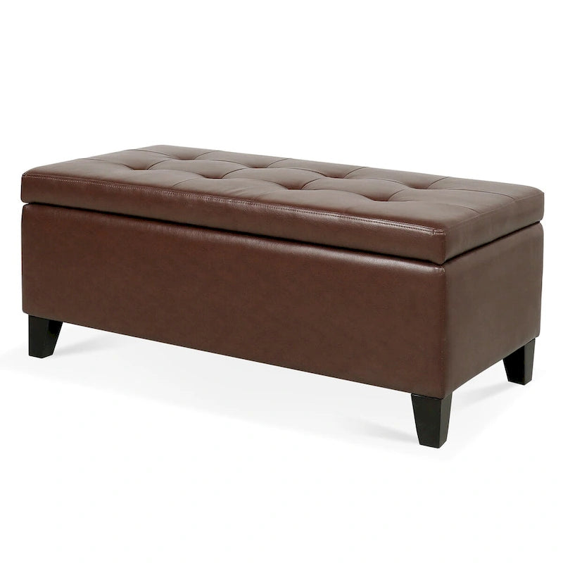 Pouf de rangement avec pieds en bois, Pouf en cuir avec rangement pour salon, chambre à coucher