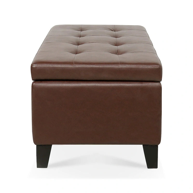 Pouf de rangement avec pieds en bois, Pouf en cuir avec rangement pour salon, chambre à coucher