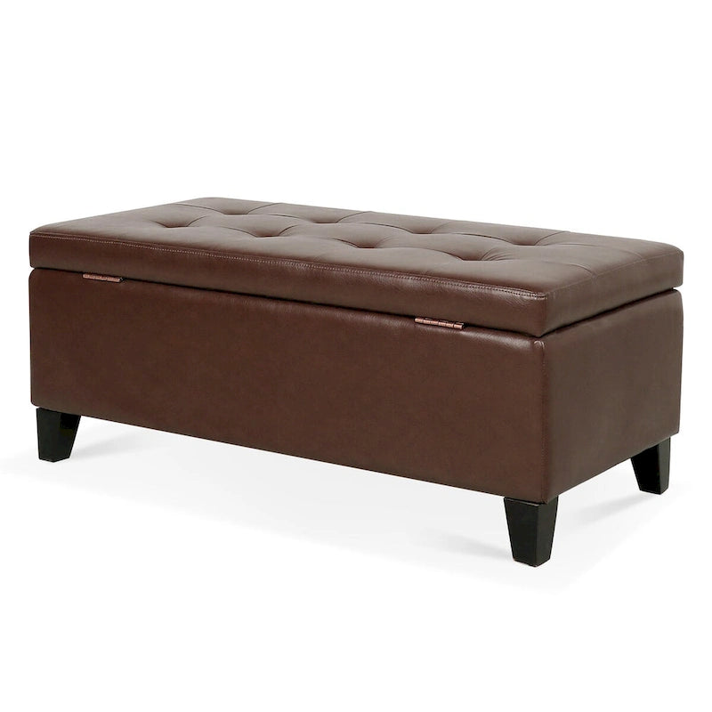 Pouf de rangement avec pieds en bois, Pouf en cuir avec rangement pour salon, chambre à coucher