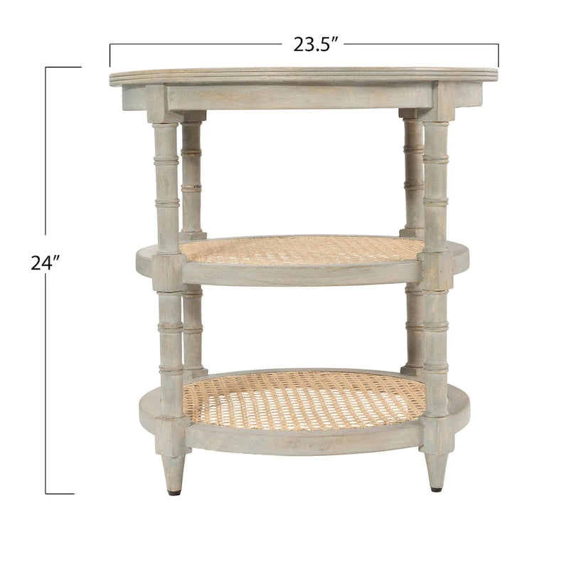 Table ronde en bois de manguier avec 2 étagères en rotin