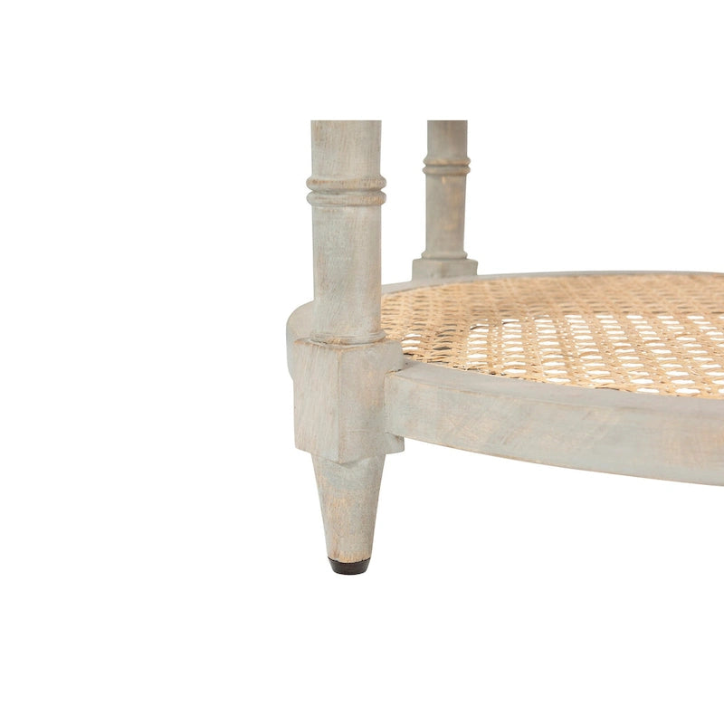 Table ronde en bois de manguier avec 2 étagères en rotin