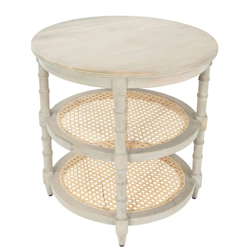 Table ronde en bois de manguier avec 2 étagères en rotin
