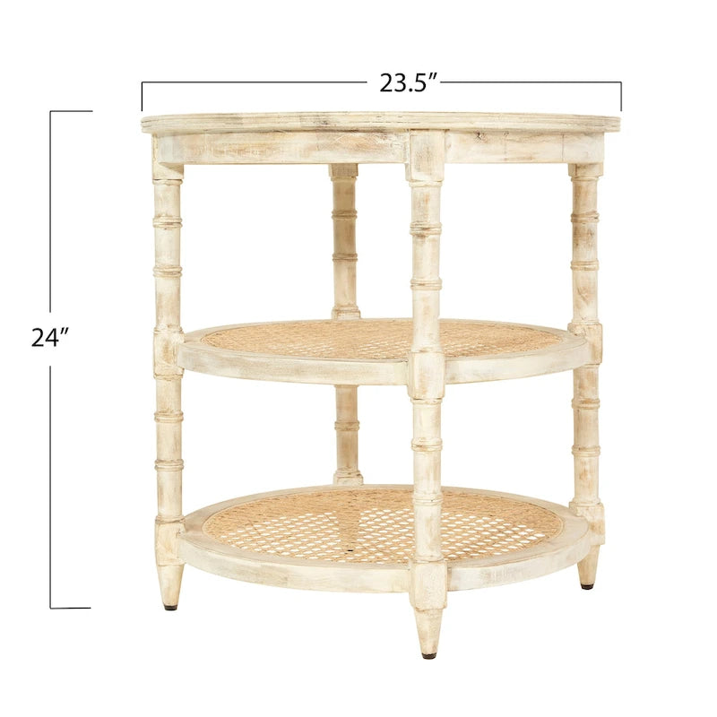 Table ronde en bois de manguier avec 2 étagères en rotin