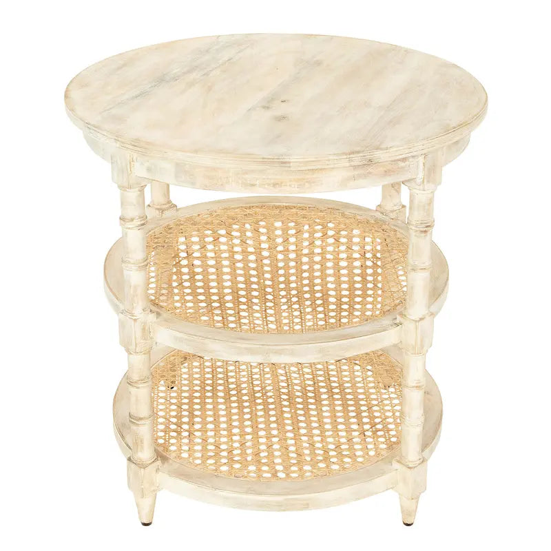 Table ronde en bois de manguier avec 2 étagères en rotin
