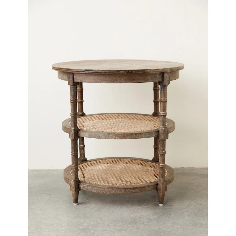 Table ronde en bois de manguier avec 2 étagères en rotin
