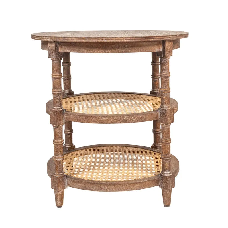 Table ronde en bois de manguier avec 2 étagères en rotin