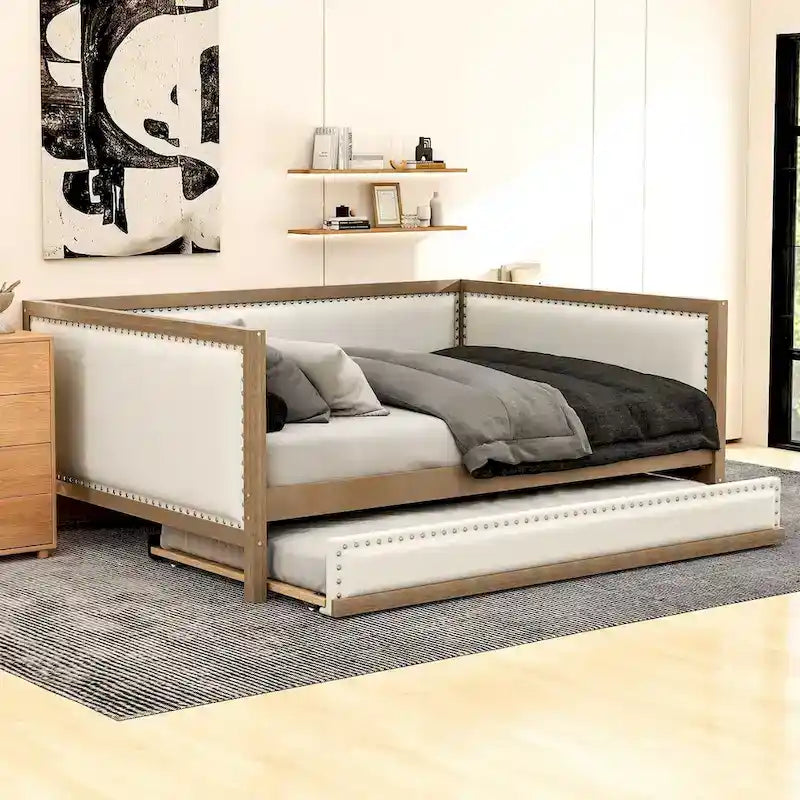 Full Size Upholstered Daybed with Trundle and Nailhead Decoration