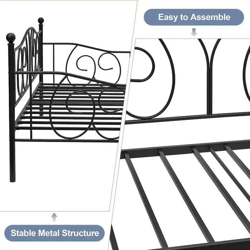 Twin Metal Daybed Frame with Slats, Classic Mattress Foundation, No Box Spring Needed