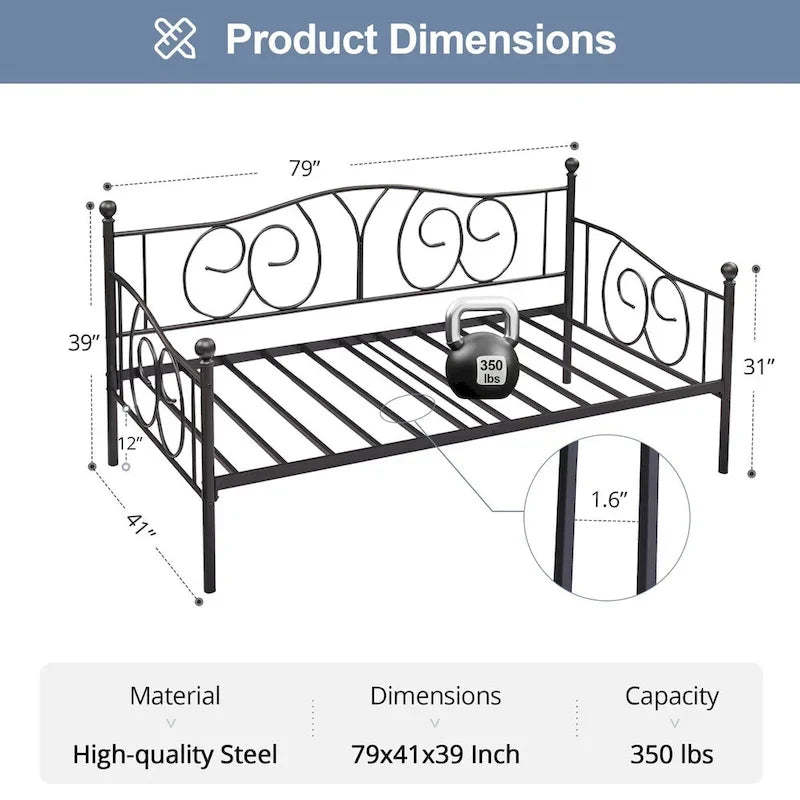 Twin Metal Daybed Frame with Slats, Classic Mattress Foundation, No Box Spring Needed