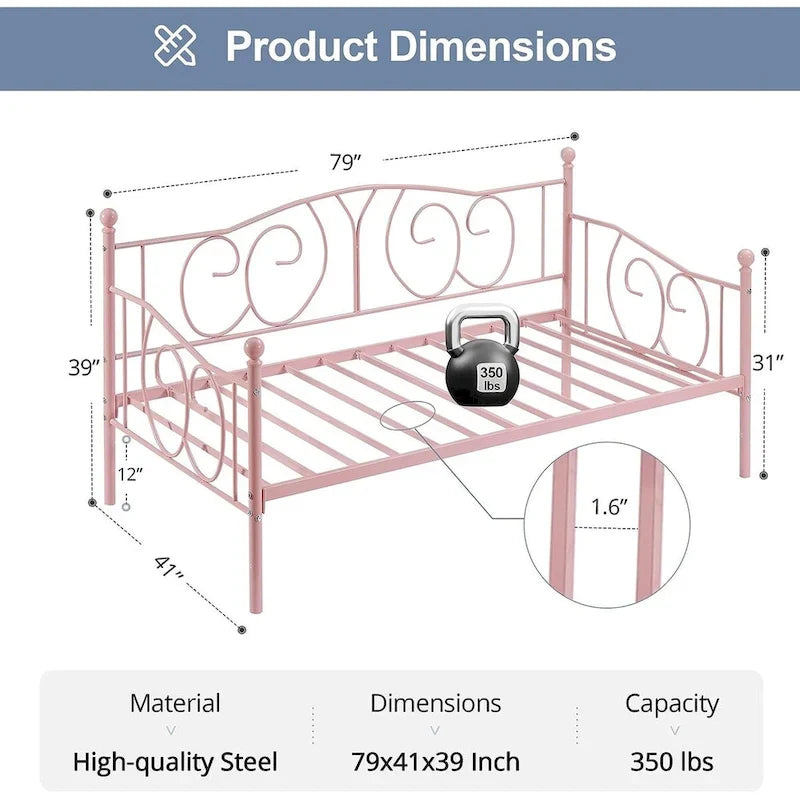 Twin Metal Daybed Frame with Slats, Classic Mattress Foundation, No Box Spring Needed